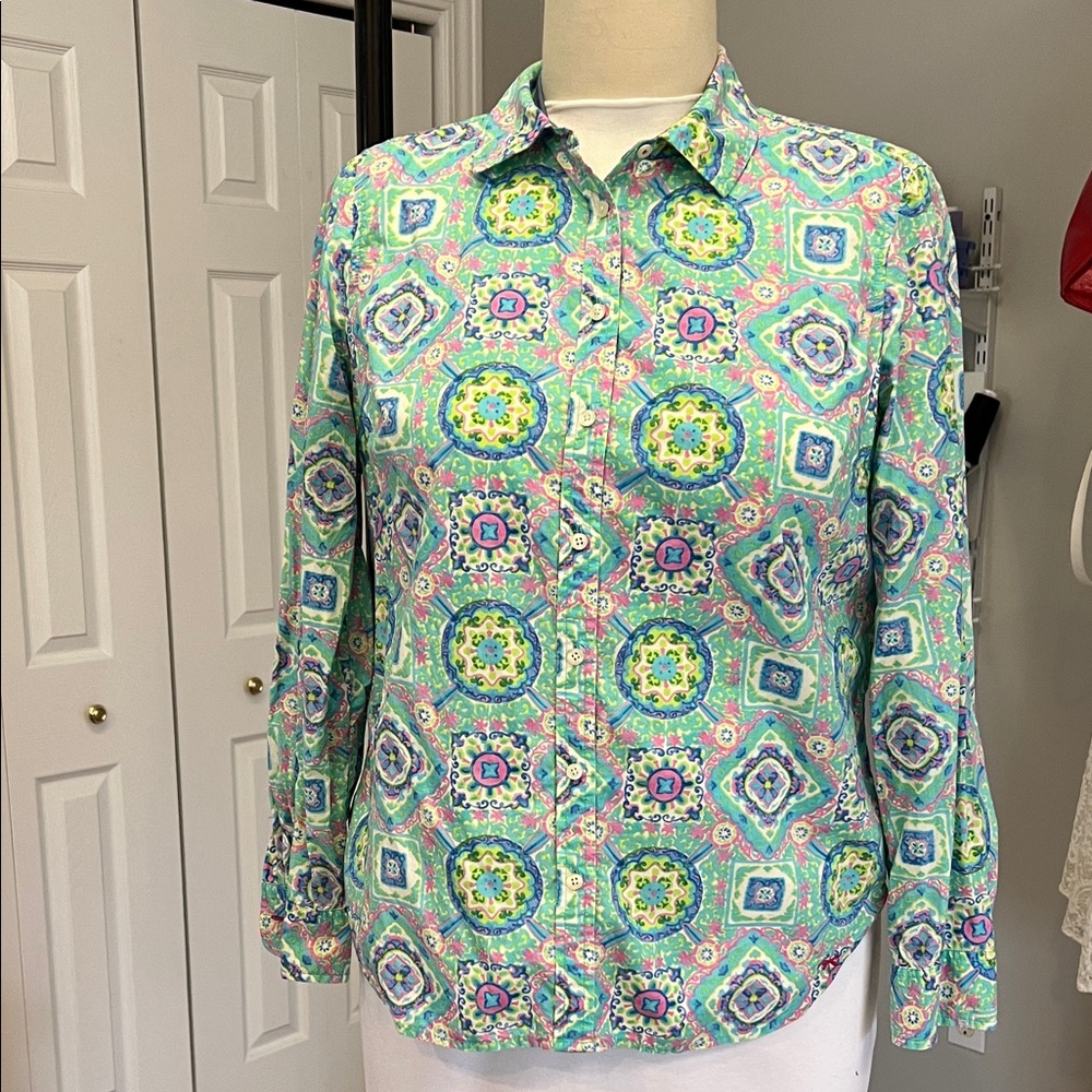 Talbots Green And Blue Patterned Button Down Shirt - image 1